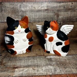 Vintage Set Of 2 SIGNED James Haddon Calico Cat Angel Folk Art Carved Wooden **